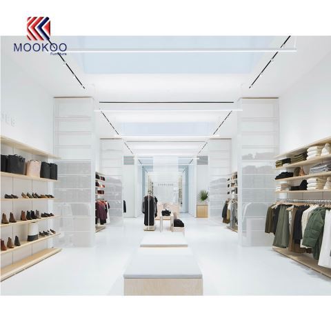 Trgovine z lesenimi oblačili Trgovinske razstavne svetilke na stenski vgradni polici in omara MOOKOO